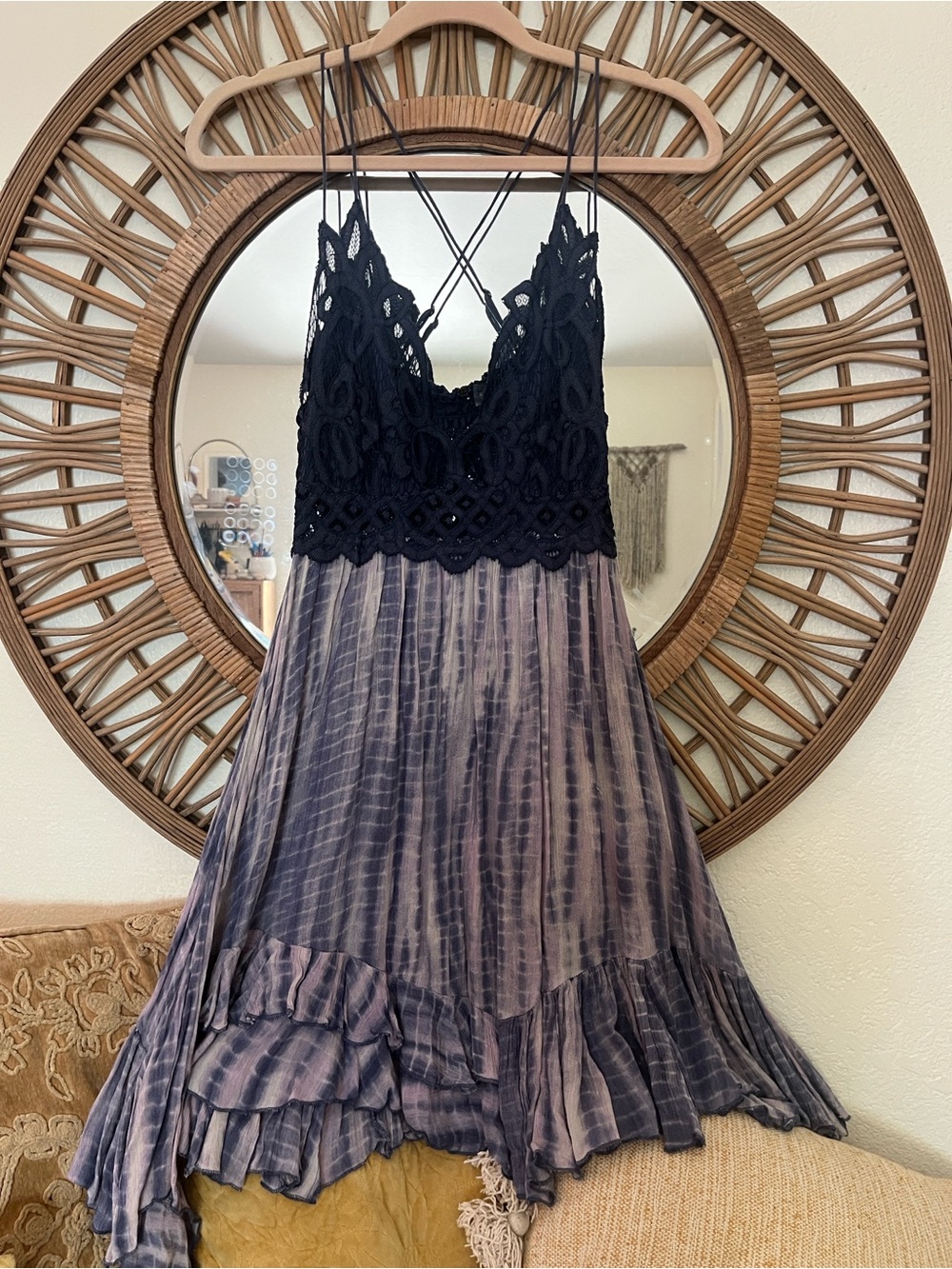 Free people Adella Lace-Trim Slip Dress in Navy and Dusty Lavender tie dye M